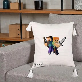 Perna Personalizata Minecraft Steve si Alex, 40x40 cm, Bej cu Franjuri, Husa Detasabila, Perna Inclusa, BEKZ®