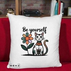 Perna Personalizata Be Yourself Pisica Folk, 40x40 cm, Alb Pufos, Husa Detasabila, Perna Inclusa, BEKZ®