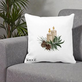 Perna Decorativa Lumanari cu Ilex si Conuri Ilustratie, 40x40 cm, Alba Mata, Husa Detasabila, Perna Inclusa, BEKZ®