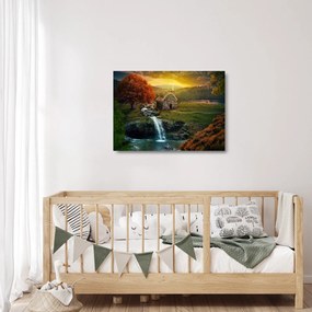 Tablou pe sticlă cu căbănuță în peisaj de poveste (70x50 cm)