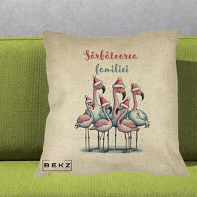 Perna Decorativa Flamingo Craciun Sarbatoarea Familiei, 40x40 cm, Crem, Husa Detasabila, Perna Inclusa, BEKZ®