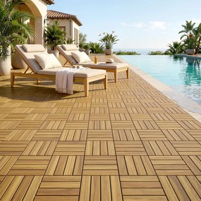 Outsunny Plăci pentru terasă 31x31cm 10 buc. / 0,91m² Plăci cu sistem click din lemn de acacia pentru terasă și balcon, lemn natural | Aosom Romania