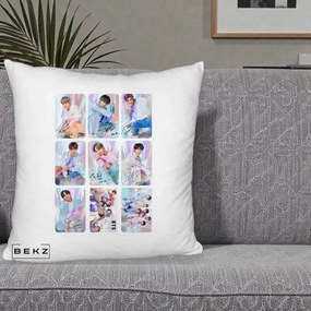 Perna Personalizata K-pop BTS Colaj 9 Fotografii Autografe Individual, 40x40 cm, Alb Pufos, Husa Detasabila, Perna Inclusa, BEKZ®