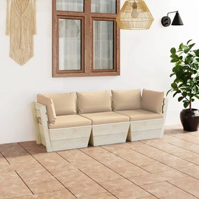 3063399 vidaXL Canapea grădină din paleți, 3 locuri, cu perne, lemn de molid