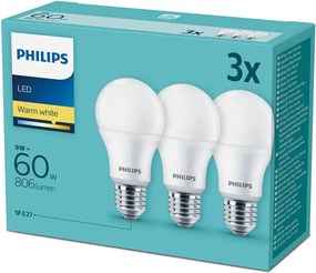 Set 3x bec LED Philips E27/9W/230V 2700K