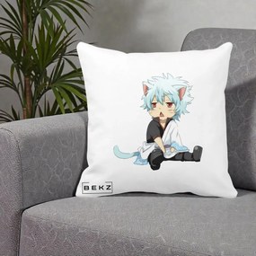 Perna Personalizata Gintama Gintoki Chibi Pisica, 40x40 cm, Alba Mata, Husa Detasabila, Perna Inclusa, BEKZ®