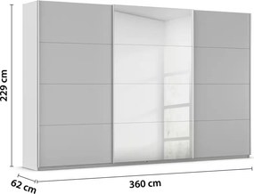 Dressing 360 cm lungime, 3 uși glisante, oglindă pe mijloc, culoare gri mătase, compartimentare premium, 229 cm înălțime