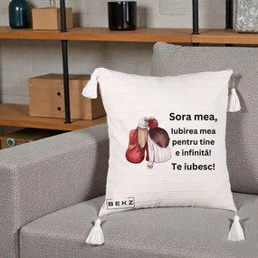 Cadou pentru Sora - Perna Personalizata Sora Mea Te Iubesc Doua Fete Iarna Acuarela, 40x40 cm, Bej cu Franjuri, Husa Detasabila, Perna Inclusa, BEKZ®