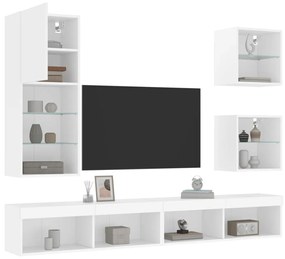 Unitati de perete TV cu LED-uri, 5 piese, alb, lemn prelucrat