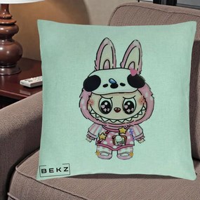 Perna Personalizata Labubu Panda-Bunny Roz, 40x40 cm, Verde Menta, Husa Detasabila, Perna Inclusa, BEKZ®
