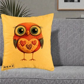 Perna Decorativa Bufnita Rosie cu Inimi Aurii, 40x40 cm, Galben, Husa Detasabila, Perna Inclusa, BEKZ®