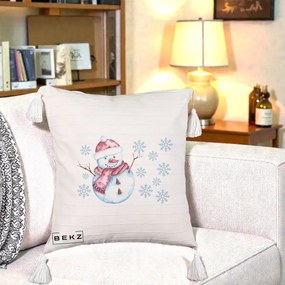 Perna Decorativa Om de Zapada Rosu cu Fulgi, 40x40 cm, Bej cu Franjuri, Husa Detasabila, Perna Inclusa, BEKZ®