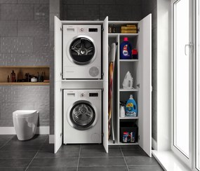Set Dulap Baie pentru Masina de spalat, uscator si masa de calcat, Miranda , Alb,   71x194x69 - 54 x 194 x 52 cm