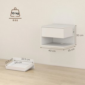 HOMCOM Set Noptiere Suspendate cu Sertar și Raft, Noptiere Moderne pentru Canapea, 40 x 35 x 30 cm, Alb | Aosom Romania