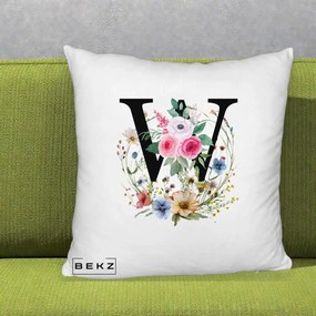 Cadou Personalizat - Perna Personalizata Monograma Florala Litera W, 40x40 cm, Alb Pufos, Husa Detasabila, Perna Inclusa, BEKZ®