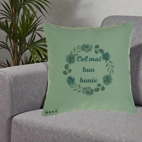 Cadou pentru Bunic - Perna Personalizata Cel Mai Bun Bunic Coronita Flori Albastre Teal, 40x40 cm, Verde, Husa Detasabila, Perna Inclusa, BEKZ®
