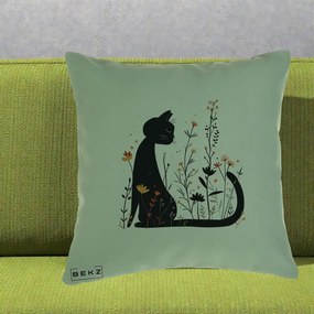 Perna Decorativa Pisica Neagra Flori Portocalii Silueta, 40x40 cm, Verde, Husa Detasabila, Perna Inclusa, BEKZ®