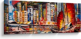 Tablou - Victoria Harbour, Hong Kong, pictură în ulei (cu ceas) (90x30 cm)