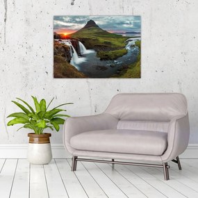 Tablou pe sticlă - Kirkjufell la apus (70x50 cm)