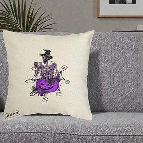 Perna Decorativa Schelet Vrajitor cu Dovleac Violet Halloween, 40x40 cm, Ecru, Husa Detasabila, Perna Inclusa, BEKZ®
