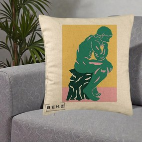 Perna Decorativa Ganditorul Sculptura Pop Art, 40x40 cm, Bej, Husa Detasabila, Perna Inclusa, BEKZ®
