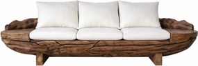 Canapea 3 locuri din rădăcină de tec reciclată, cu perne din bumbac alb, finisaj natural, 70 x 270 x 60 cm, „Gaia”