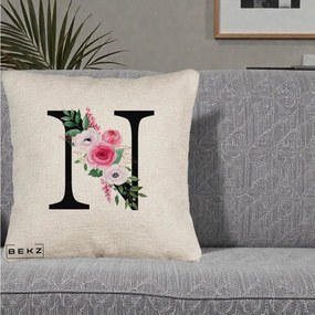Cadou Personalizat - Perna Personalizata Monograma Florala Litera N, 40x40 cm, Bej Canapea, Husa Detasabila, Perna Inclusa, BEKZ®