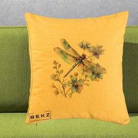 Perna Decorativa Libelula Acuarela Flori Albastre, 40x40 cm, Galben, Husa Detasabila, Perna Inclusa, BEKZ®