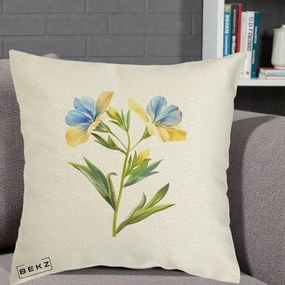 Perna Decorativa Botanica Frezie Galbena si Albastra, 40x40 cm, Ecru, Husa Detasabila, Perna Inclusa, BEKZ®