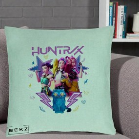 Perna Personalizata K-pop HUNTRX Trio 3D cu Pisica Fulgere, 40x40 cm, Verde Menta, Husa Detasabila, Perna Inclusa, BEKZ®