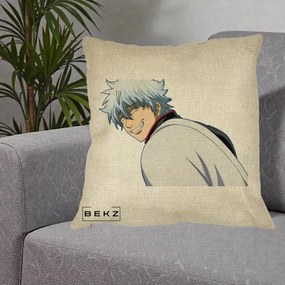Perna Personalizata Gintama Gintoki Portret cu Zambet, 40x40 cm, Crem, Husa Detasabila, Perna Inclusa, BEKZ®