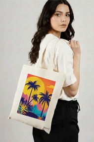 Sacosa de Panza pentru Cumparaturi, Geanta Tote, model Tropical Sunset 38 x 34.5 cm, Alba, BEKZ®