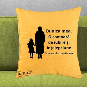 Cadou pentru Bunica - Perna Personalizata Bunica Mea Comoara Iubire Intelepciune Silueta, 40x40 cm, Galben, Husa Detasabila, Perna Inclusa, BEKZ®