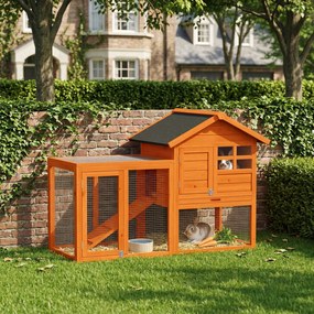 PawHut Coteț iepuri 2 etaje coteț cu acoperiș bituminos impermeabil parc exterior rampă uși lemn 123,5x62,6x92,5 cm Portocaliu | Aosom Romania