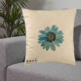 Perna Decorativa Floare Margareta Albastra Acuarela, 40x40 cm, Bej, Husa Detasabila, Perna Inclusa, BEKZ®