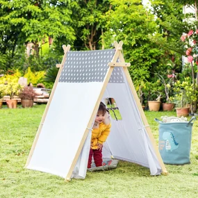 HOMCOM Cort Teepee Indian pentru Copii 3-6 Ani, Spațiu de Joacă Interior/Exterior cu Ușă și Fereastră, 130x111x136cm, Gri și Alb | Aosom Romania