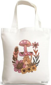 Sacosa de Panza pentru Cumparaturi, Geanta Tote Colorful Mushrooms 7, 38x34.5 cm, Alba, BEKZ®