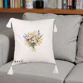 Perna Decorativa Buchet Camp Acuarela Margarete-Lavanda, 40x40 cm, Bej cu Franjuri, Husa Detasabila, Perna Inclusa, BEKZ®