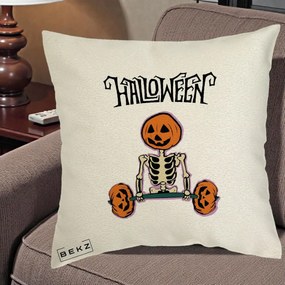 Perna Decorativa Halloween Schelet cu Cap de Dovleac Powerlifting, 40x40 cm, Ecru, Husa Detasabila, Perna Inclusa, BEKZ®