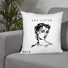 Perna Decorativa Art Lover Portret Grafic, 40x40 cm, Alb Pufos, Husa Detasabila, Perna Inclusa, BEKZ®