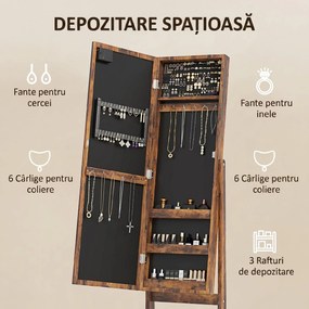HOMCOM Dulap pentru Bijuterii cu Oglindă Reglabilă și Lumini LED 36x30x136 cm Maro Rustic | Aosom Romania