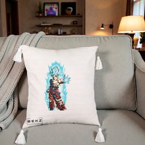 Perna Personalizata Dragon Ball Goku Ultra Instinct Blue, 40x40 cm, Bej cu Franjuri, Husa Detasabila, Perna Inclusa, BEKZ®