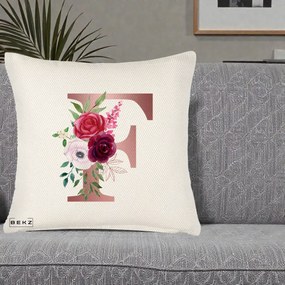 Cadou Personalizat - Perna Personalizata Monograma Rose Gold Litera F, 40x40 cm, Crem Reliefat, Husa Detasabila, Perna Inclusa, BEKZ®