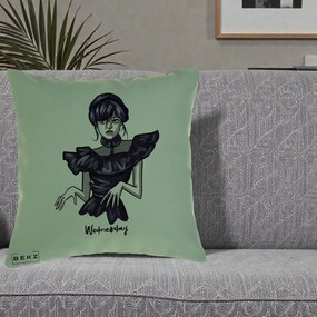 Perna Personalizata Wednesday Addams Dans Gotic, 40x40 cm, Verde, Husa Detasabila, Perna Inclusa, BEKZ®