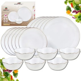 Set de masă Kinghoff KH 2037, 18 piese, pentru 6 persoane, sticlă opală, margine aurie, alb
