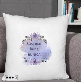 Cadou pentru Bunica - Perna Personalizata Cea Mai Buna Bunica Flori Mov Acuarela Negru, 40x40 cm, Alb Pufos, Husa Detasabila, Perna Inclusa, BEKZ®