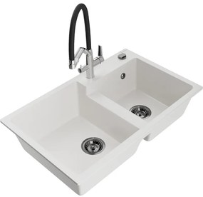 Mexen Tomas Chiuvetă de granit cu 2 compartimente și baterie de bucătărie Duo, Albă - 6516-20-671701-07-B
