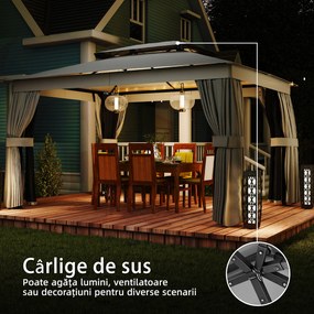 Outsunny Pavilion de Grădină 3,8x3 m cu Perdele, Plasă de Țânțari, Cârlige, Pavilion de Exterior cu Acoperiș Dublu, Orificii de Drenaj, Structură Metalică, pentru Grădină, Terasă, Petreceri, UV30+, Gri Închis | Aosom Romania