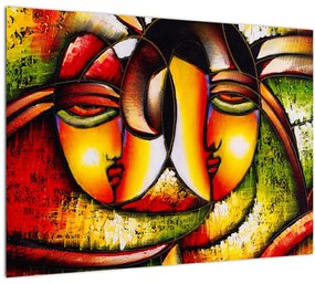 Tablou pe sticlă - Pictură în ulei, chipuri abstracte (70x50 cm)