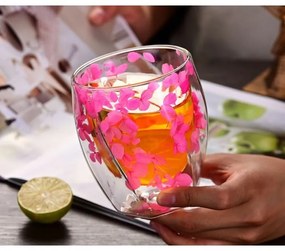 Pahar din sticlă, pereți dubli, flori uscate, hortensie roz, 250 ml